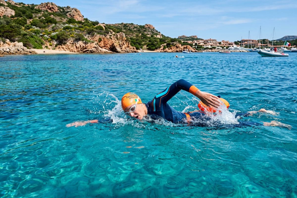 Un nuotatore in muta e cuffia arancione nuota a stile libero nell'acqua trasparente di una baia, con la costa di granito e le barche sullo sfondo