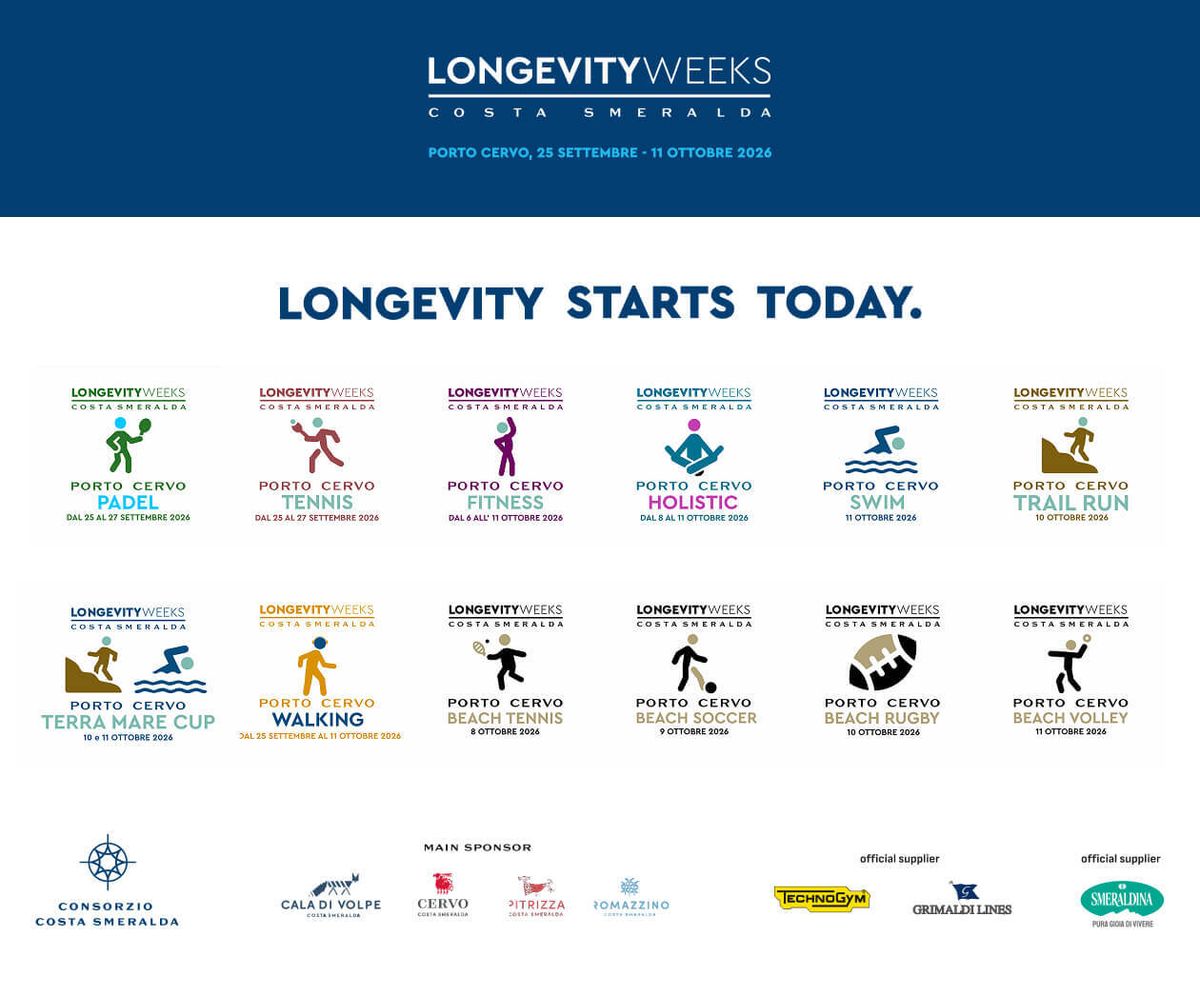 Locandina Longevity Weeks Costa Smeralda, Porto Cervo 25 settembre - 11 ottobre 2026: i loghi delle dodici attività in programma, dal padel al beach volley, e gli sponsor