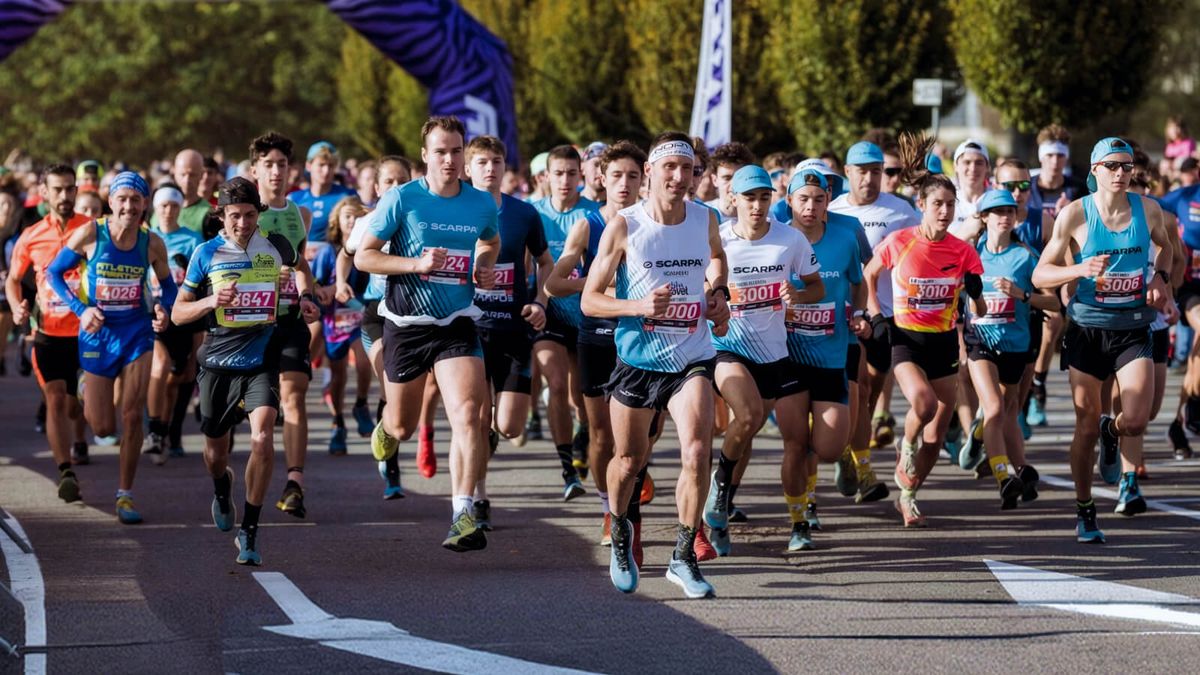 Partenza di una gara di corsa su strada in autunno: un gruppo compatto di runner con i pettorali scatta dall'arco di partenza tra gli alberi