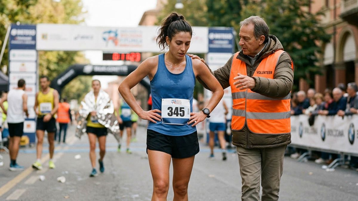 Una runner affaticata con le mani sui fianchi appena dopo il traguardo, sostenuta da un volontario in pettorina arancione che la accompagna camminando