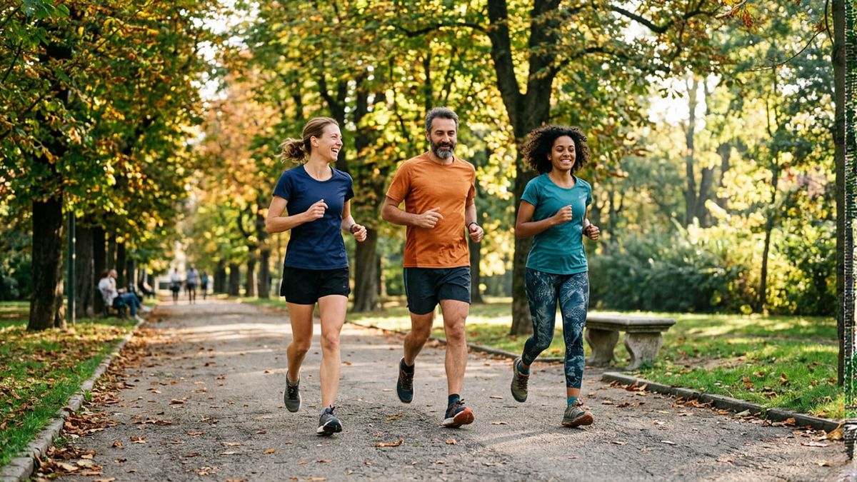 Tre runner corrono sorridendo affiancati lungo il viale di un parco, tra gli alberi con le foglie d'autunno