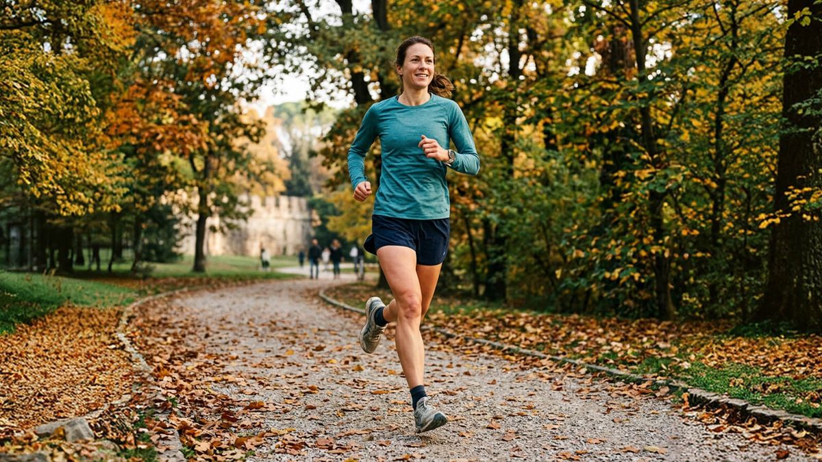 Una runner sorridente corre su un viale sterrato coperto di foglie autunnali in un parco alberato