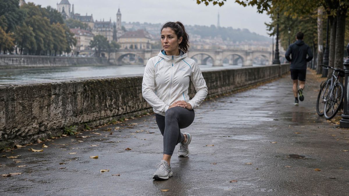 Una runner in giacca bianca fa un affondo di riscaldamento sul lungofiume bagnato, con un ponte in pietra sullo sfondo e un altro runner che si allontana