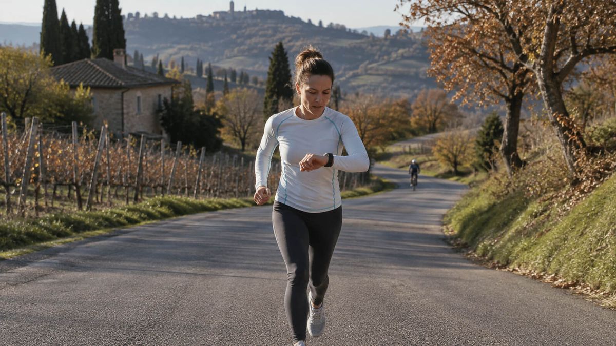 Una runner in maglia bianca a maniche lunghe controlla l'orologio mentre corre in salita su una strada tra vigneti e cipressi, con un ciclista alle spalle