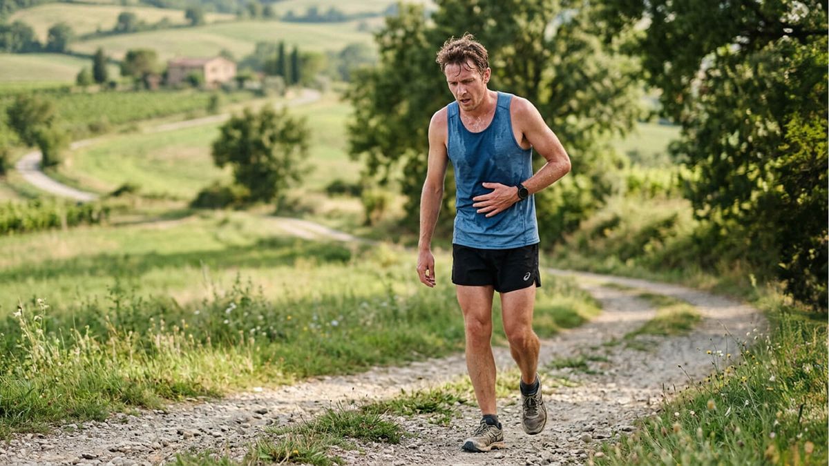 Runner in canotta si tiene lo stomaco con una mano mentre rallenta su una strada sterrata tra le colline