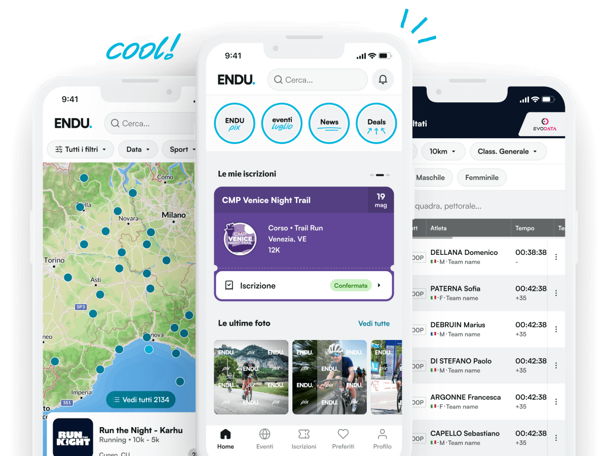Vorschau der neuen ENDU-App: Eventkarte, Eventseite und Ergebnisse